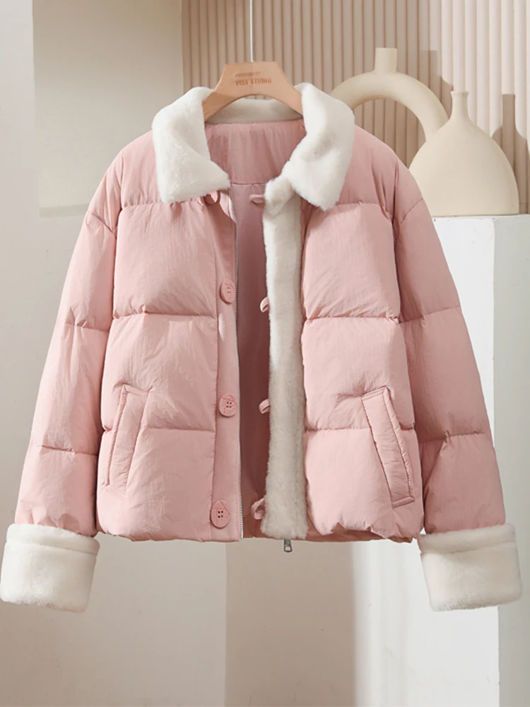 

Lamb Wool Patchwork White Duck Down Down Jacket Women 2025 Winter New Stand Up Collar Locomotive Style Warm Cool Coat Winproof