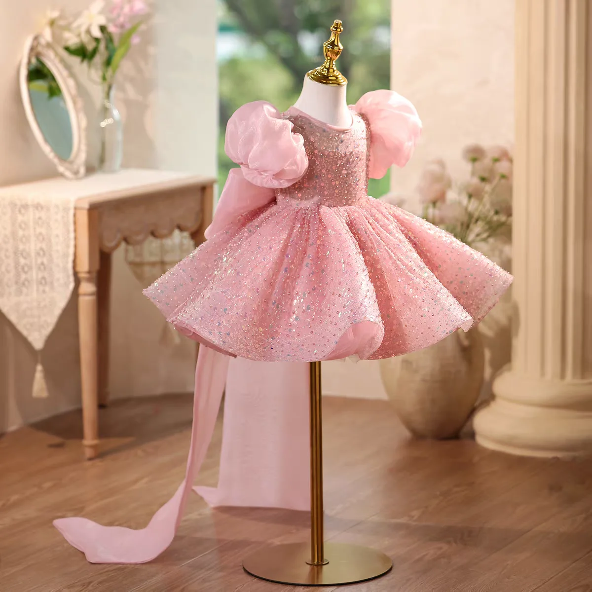 Dreamy D111 Vow carino rosa manica a sbuffo paillettes ragazze al ginocchio abito da ballo per bambini festa di compleanno festival celebrazione principessa