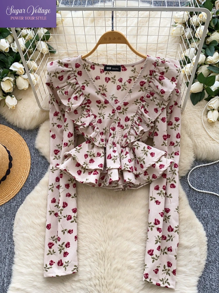 

French Floral Chiffon Blouse Women Autumn Loose V-Neck Ruffle Trim Long Sleeve Shirt with Flared Cuffs Sweet Retro Elegant Style