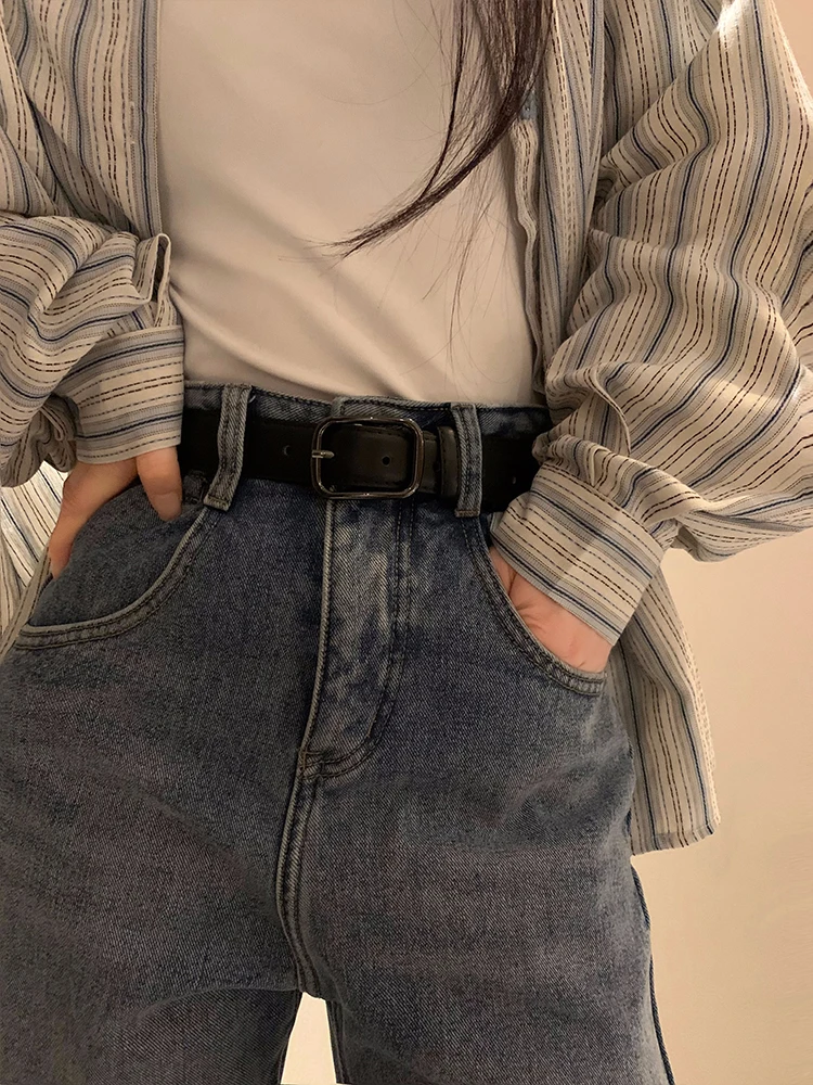 Black Buckle Leather Belt Simple High-End Feeling for Women Korean Style Jeans Waist Belt Trendy Universal Match All-Purpose ...