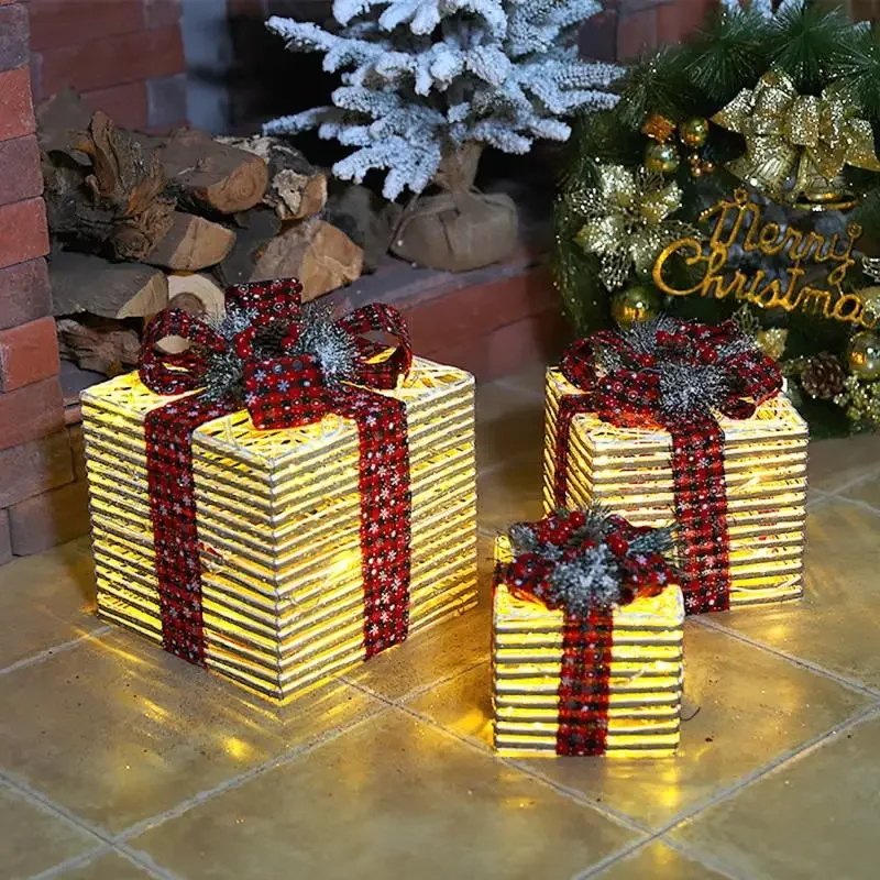 

3pcs/Set Hollowed Out Christmas Decoration Led Gift Box With Bow Lights Iron Gift Box Party New Year Home Supplie 15/20/25cm