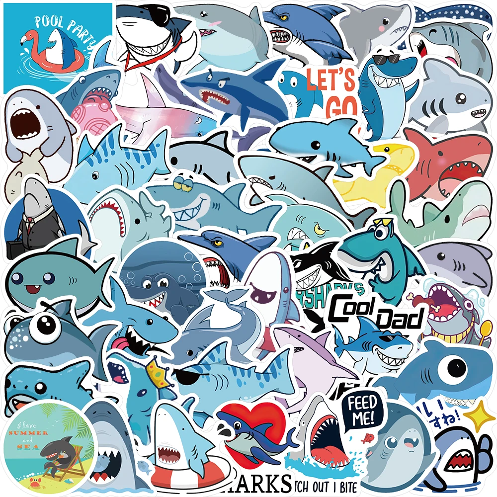 50 Uds pegatinas de tiburón de dibujos animados lindo Animal marino de dibujos animados impermeable DIY equipaje taza de agua libro de ordenador pegatina de regalo