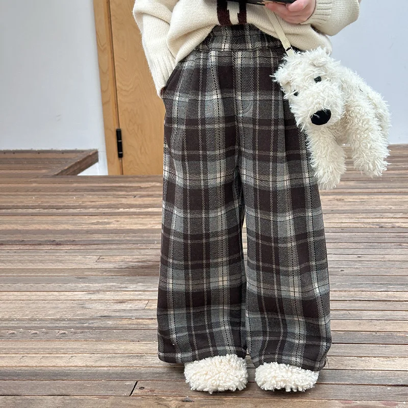 بنطال صوف سميك مبطن بالصوف منقوش بأرجل مستقيمة كورية فضفاضة غير رسمية ومطابقة تمامًا ومريحة