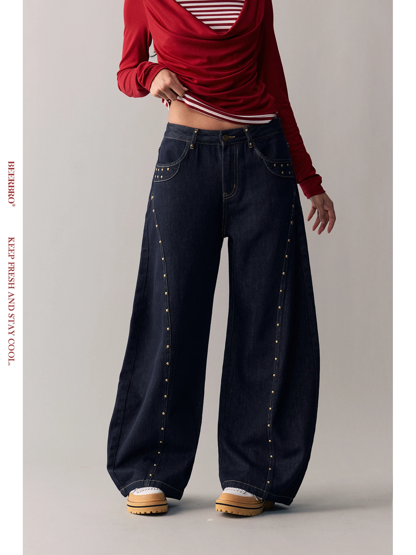 

Джинсы BeerBro Vintage Sound Wave Wide Leg Original из хлопка с низкой посадкой, с заклепками, универсальные, для весны и лета, женские, глубокого цвета