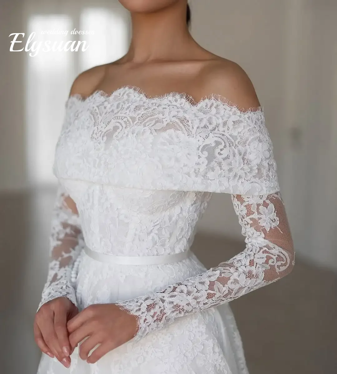 Customized Lace Wedding Dresses Long Sleeve Dress Bespoke Off Shoulder Bridal  Weddings Vestidos