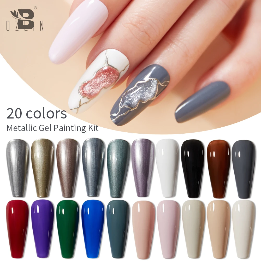 BOZLIN Kit lukis Gel metalik, 20 warna, seni kuku, Pernis, LED UV, pelapis atas Semi permanen untuk manikur Polish