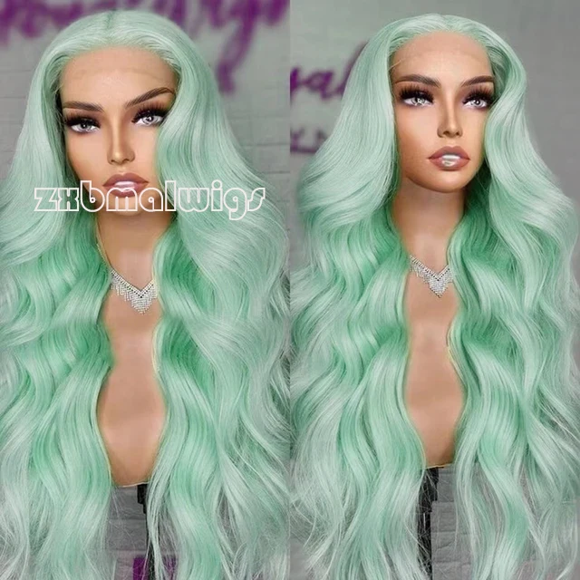 

Body Wave Mint Green 13x4 Synthetic Hair Wig Lace Front 180% Density Preplucked Glueless Soft Baby Hair for Womenave