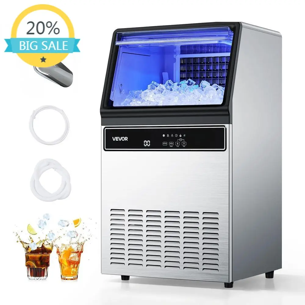 

Высокопроизводительный льдогенератор из нержавеющей стали (130 фунтов/24 часа) с бункером на 33 фунта, 45 кубиков на цикл, LED-дисплей, функция самоочистки, для дома и бизнеса