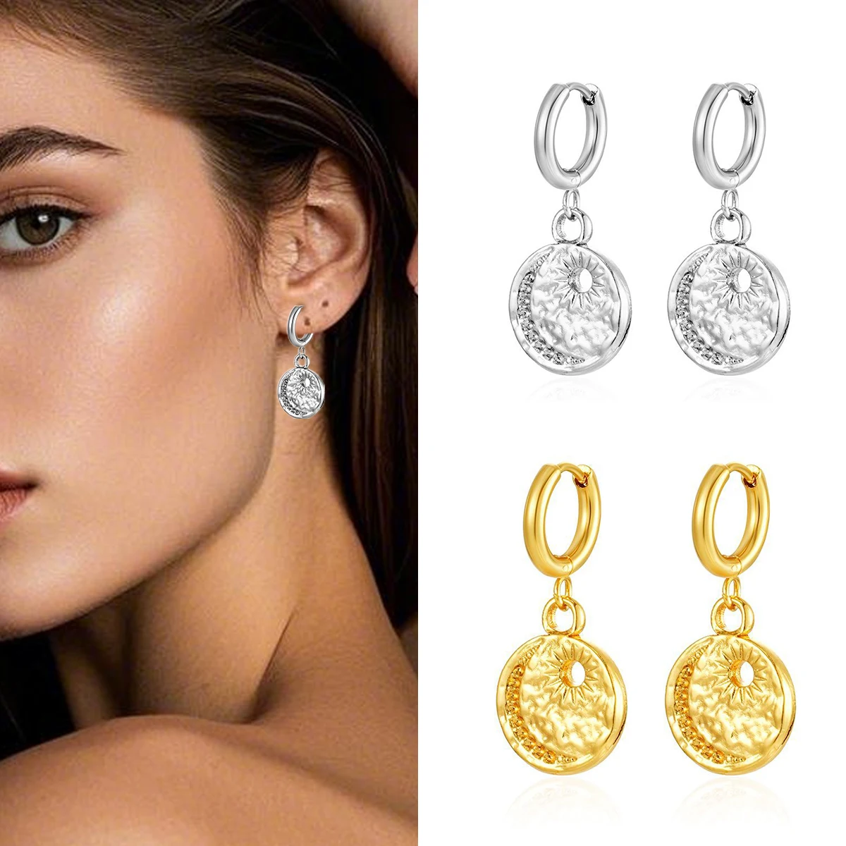 

Cute Sun Drop Earrings for Women Stainless Steel Pendant Hoop Earring Round Ears Piercing Charm Jewelry Girls Best Gifts