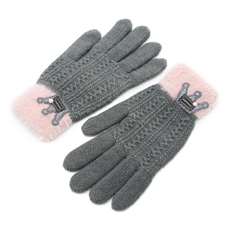 Guantes de punto suaves para jóvenes y estudiantes, Manoplas de Invierno para mujer, corona encantadora, todos los dedos, pantalla táctil, ciclismo, mantiene el calor, T193