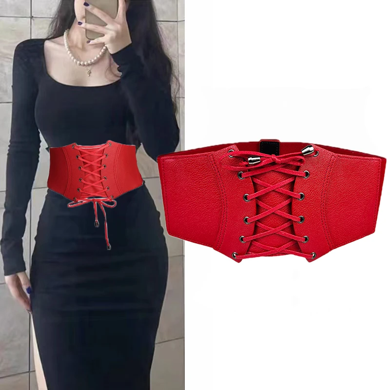 Ultra wide leather waistband for women's outerwear, retro and fashionable, versatile, and versatile. Tie up belt for outerwear,