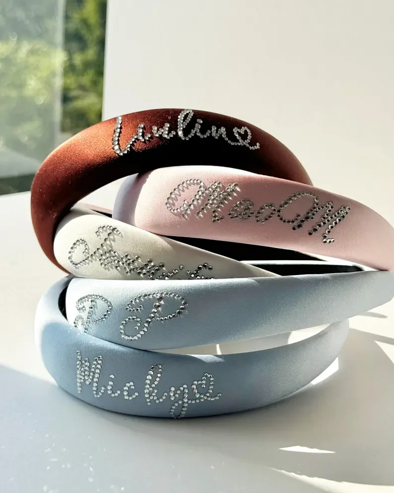 

Custom Name Silk Headband,100% Silk, Wide Vintage Headbands,Rhinestone Name Hairbands,Hair Accessory for Women,Bridesmaid Gift