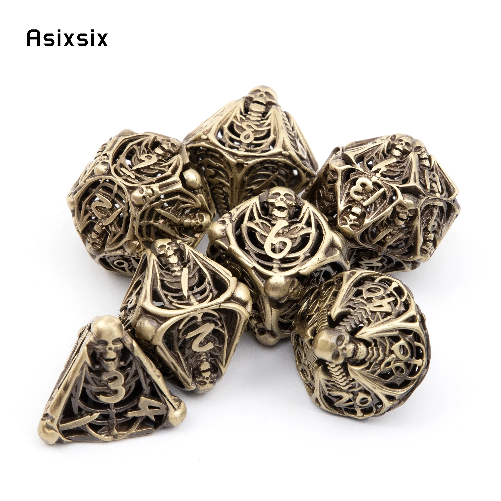 

7 Pcs Yellow Skull Metal Dice Hollow Metal Polyhedral Dice Set Suitable for Role-Playing RPG Board Game Card Game