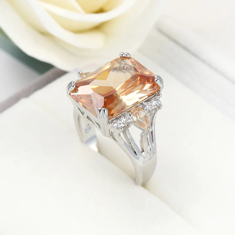 Classic Big Champagne CZ Stone Ring Large Single Orange Crystal CZ Cut Luxury Sterling Silver Color Ring Women Jewelry