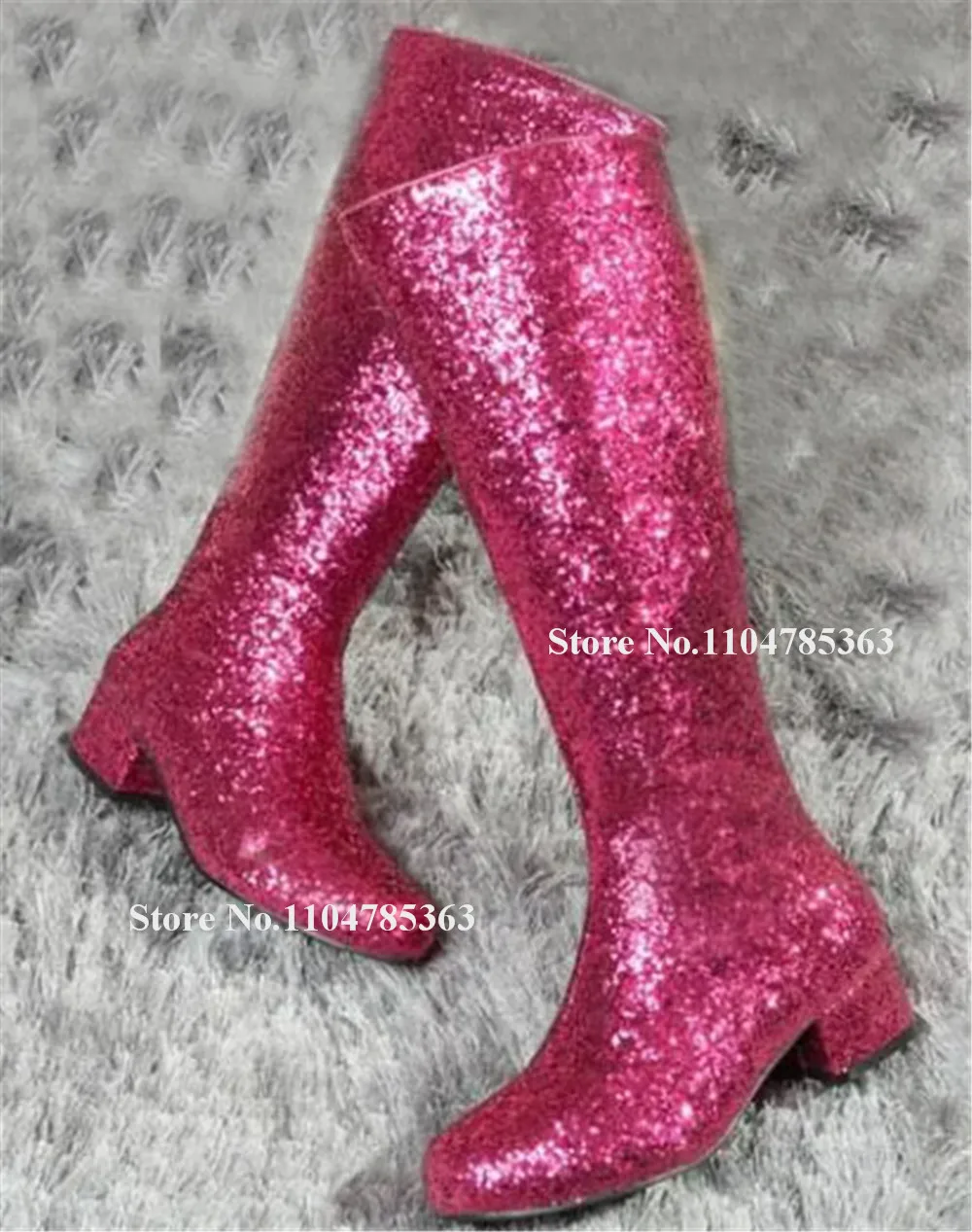 

Bling Bling Glitters Square Low Heel Knee High Boots Round Toe Pink Gold Silver Sequined Zipper-up Thick Heel Long Boots