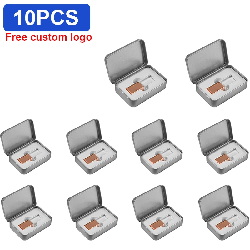 

10PCS LOT Crystal USB Flash Drive 128GB Iron Box Pen Drive 64GB Free Custom Logo Memory Stick 32GB High Speed USB Stick 16GB 8GB