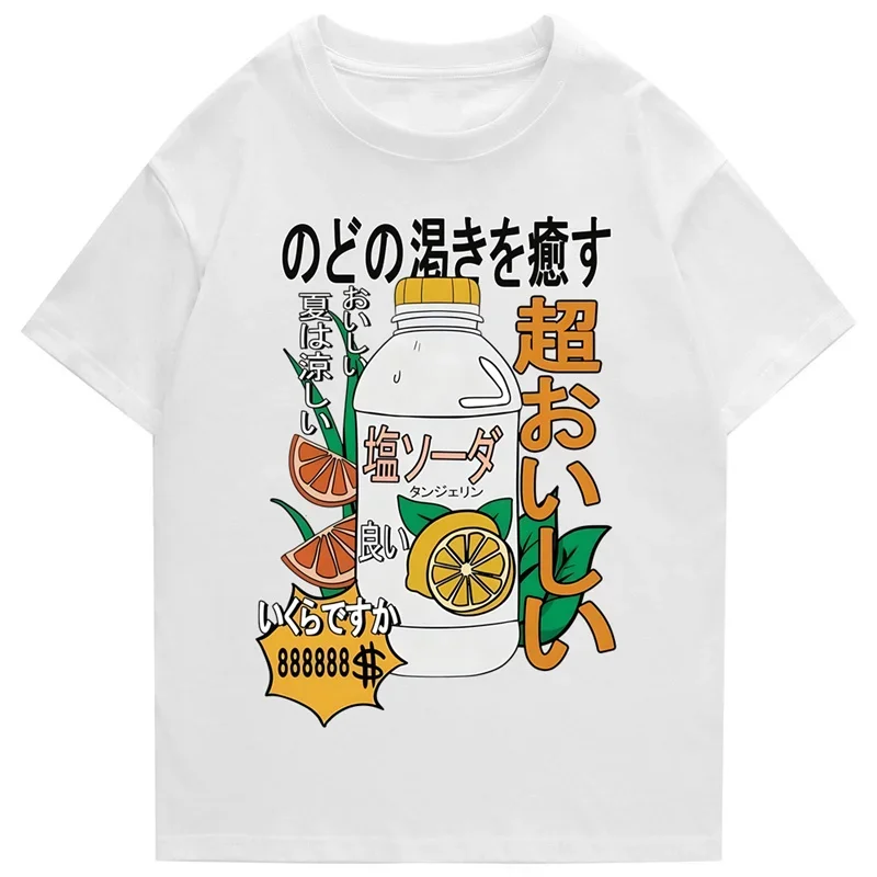 Women Hip Hop T-shirt 2025 Japanese Hanja Letter Beverage Print Tshirt Street Clothing Harajuku Summer Short sleeved T-shirt y2k