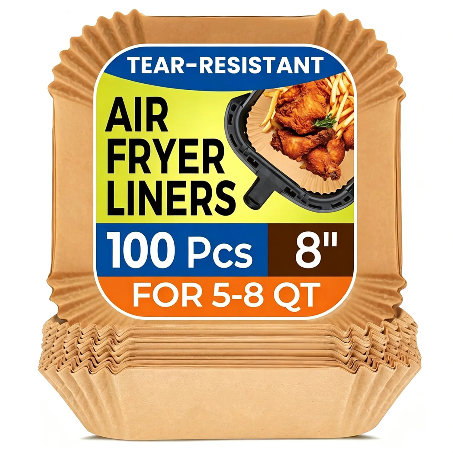 100Pcs 8 Inch Square Air Fryer Liners Disposable Parchment Paper Non-Stick Unbleached Food Waterproof Oilproof Baking Airfryer