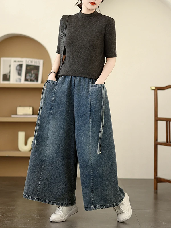 

Свободные широкие джинсовые джинсы, женские весенне-осенние 2024, новая европейская юбка с девятью точками, брюки, повседневные свободные брюки больших размеров