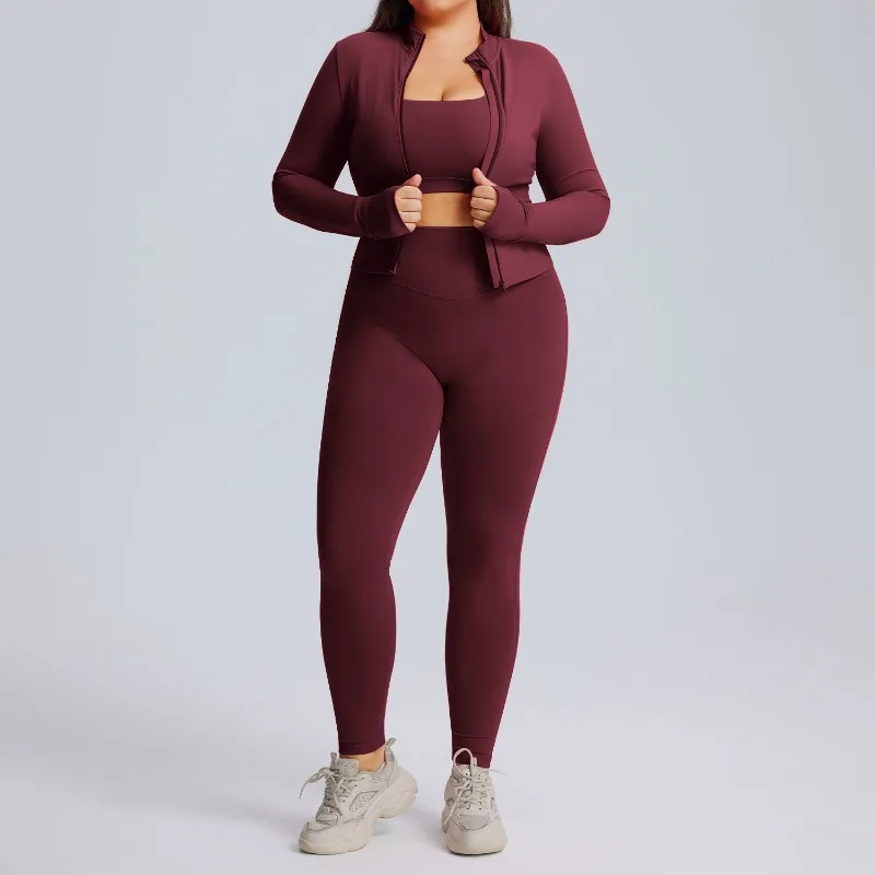 

Комплект для йоги большого размера с длинными рукавами, женский спортивный костюм из трех предметов с высокой эластичностью и быстрым высыханием, комплект для фитнеса