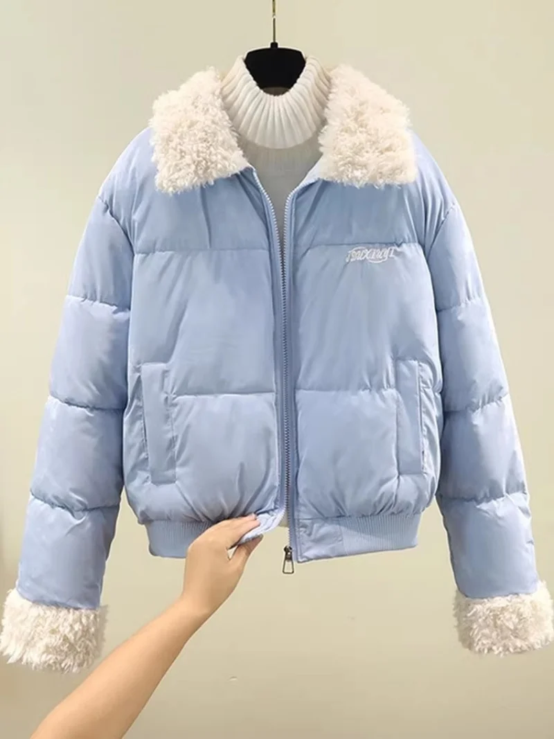 

Зимняя женская короткая куртка-пуховик, небесно-голубое толстое теплое хлопковое пальто с воротником с лацканами - верхняя одежда w1949