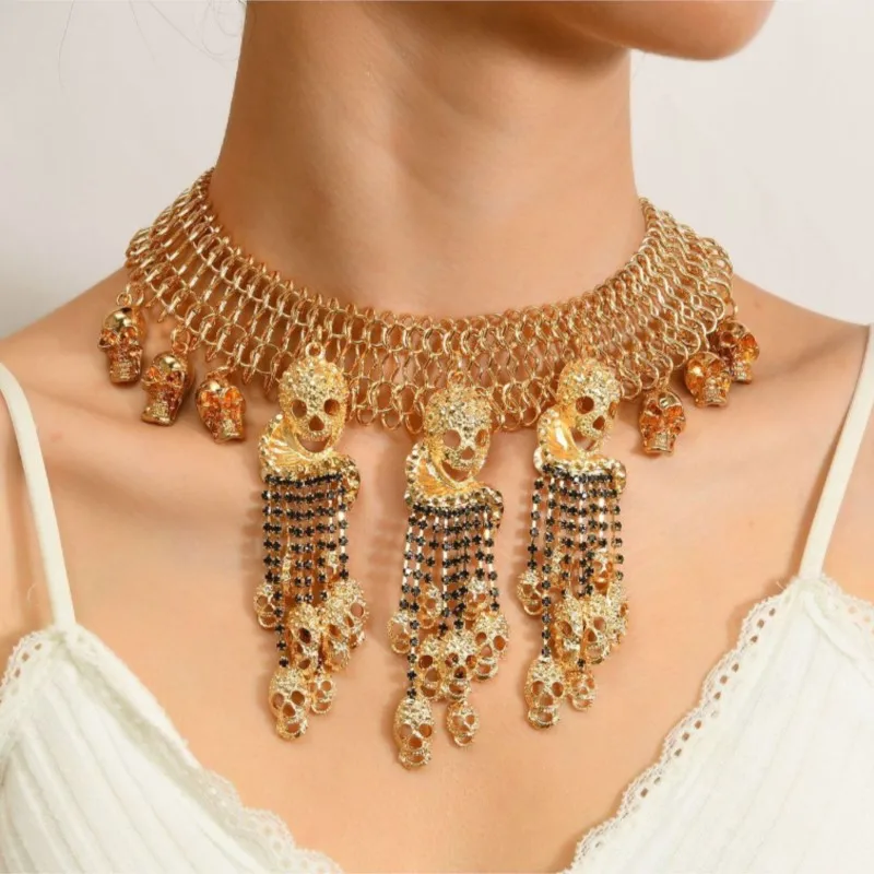 Bohemian Retro Exaggerated Necklace Punk Gothic Rock Skull Tassel Trinket Women Men Cosplay party Props Accessories