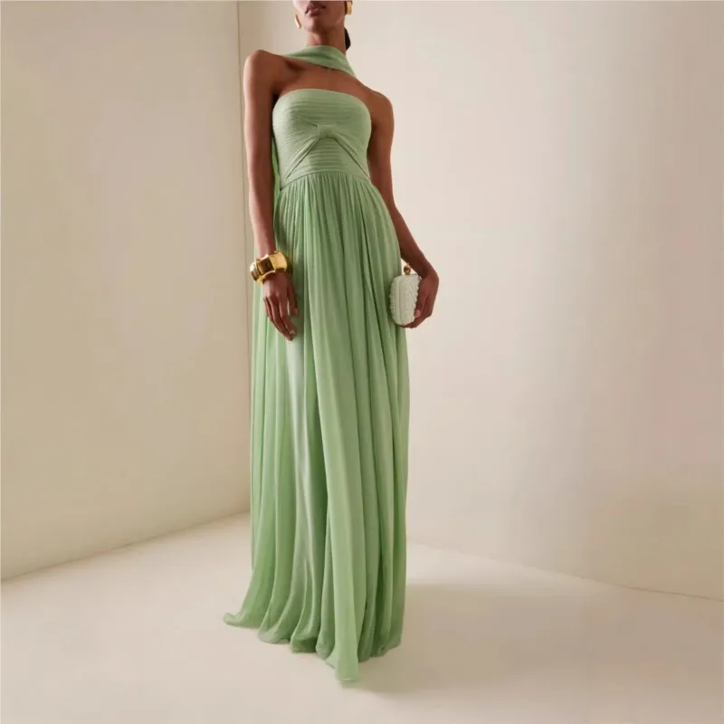 Damenkleid Sommer Elegant Schulterfrei mit Schleife Schickes Plissiertes Grünes Ärmelloses A-Linien-Kleid Damen Abendkleid Vestidos