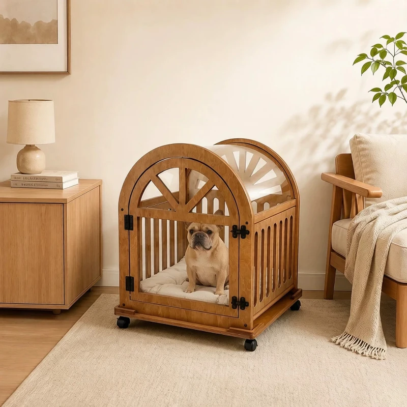 Solid Wood Dog Cage Acrylic Movable Breathable Cat Nest Arched Transparent Pet House with Wheels Tray Removable Durable Kennel