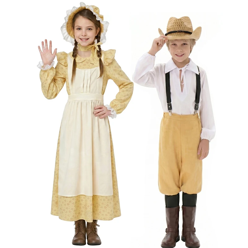 

2026 New Arrival Colonial Pioneer Boy Halloween Fancy Dress Up American Western Frontier Prairie Girl Costume