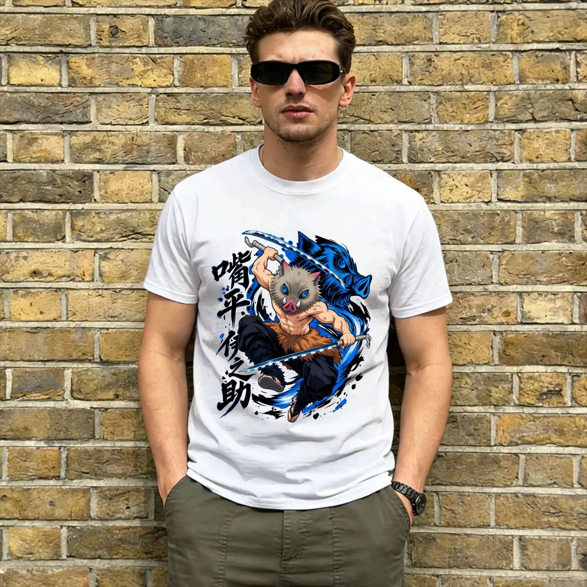 Inosuke  Pure Cotton T Shirt For Men's Summer Demon Slayered Y2K Basic T-Shirts O Neck Harajuku Tees Big Size Custom DIY Clothes