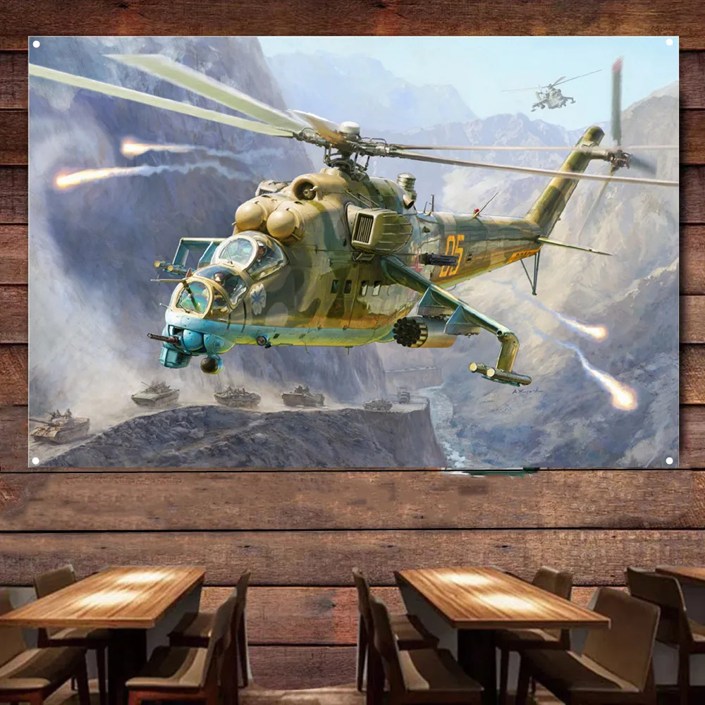 Soviet Mi-24B Attack Helicopter Wall Flag, Air Force Wall Art Poster Artwork Banner With 4 Metal Ring Buckles Ready to Hang