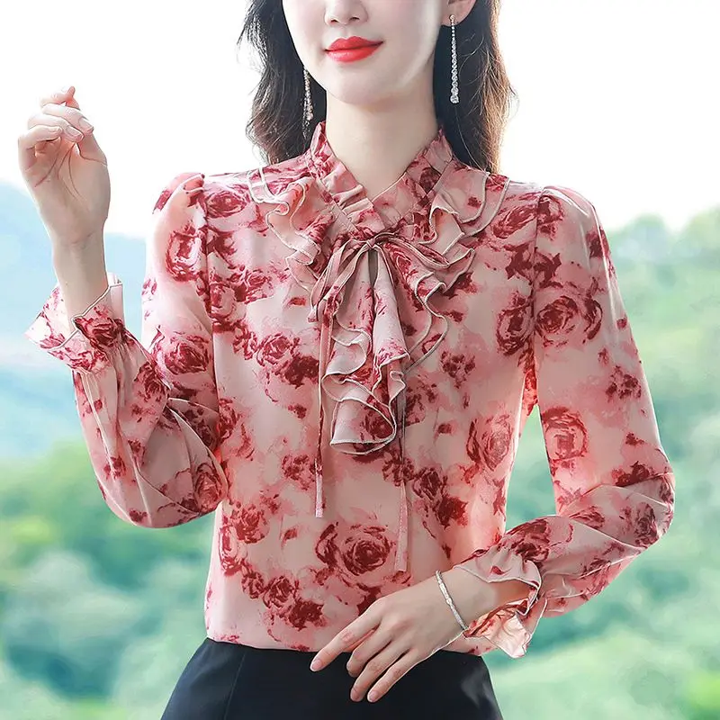 Women\'s Korean Fashion Silk Ruffles Bow Floral Printed Blouse Vintage Elegant Lace Up Shirt Female Casual Long Sleeve Loose Tops