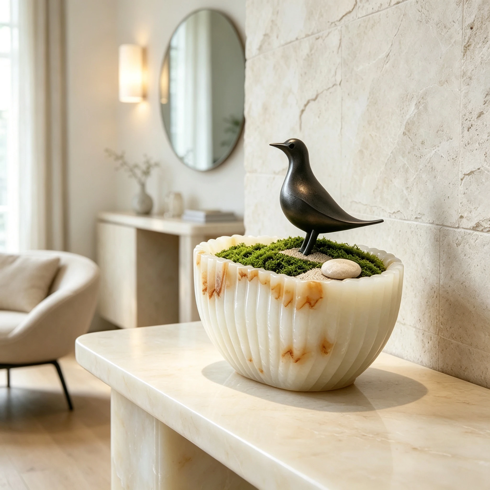 Natural Onyx Marble Moss Planter Pot Luxury Tabletop Succulent Planter Ribbed Hand Carved Stone Bowl Table Centerpiece