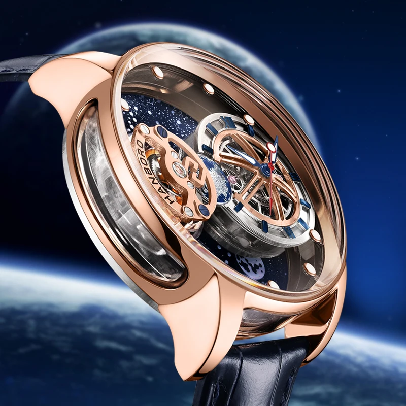 HANBORO Orologi automatici da uomo Orologio da polso meccanico di marca di lusso superiore Rotazione luminosa Quadrante cosmico Cinturino in pelle