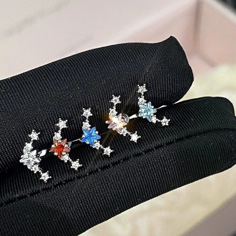 Colorful Star Cluster Stud Earrings Cubic Zirconia Cartilage Piercing Hypoallergenic Ladies Red Star Daily Wear Elegant Jewelry