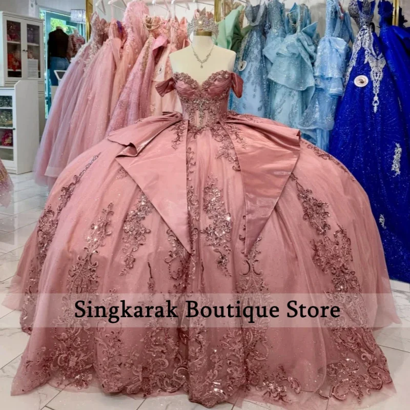 Pink Glitter Quinceanera Dresses Off Shoulder Ball Gown Sweet 16 Dress Applique Lace Beading Bow Tull Party Birthday Vetidos 15