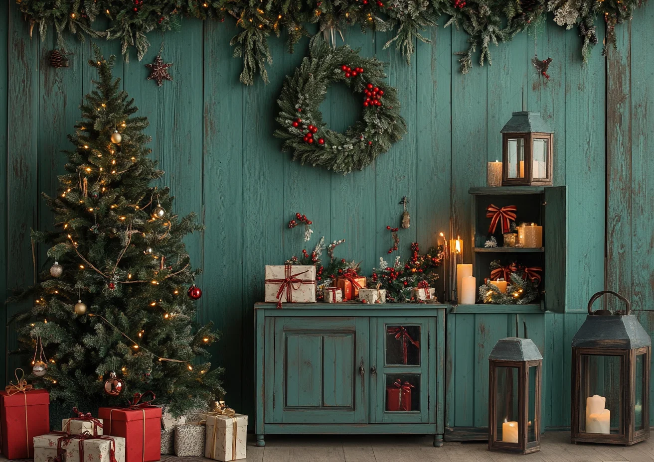 

Photography Background Christmas Gingerbread Wood Door Gifts Xmas Tree Kids Family Portrait Decor Backdrop Photo Studio