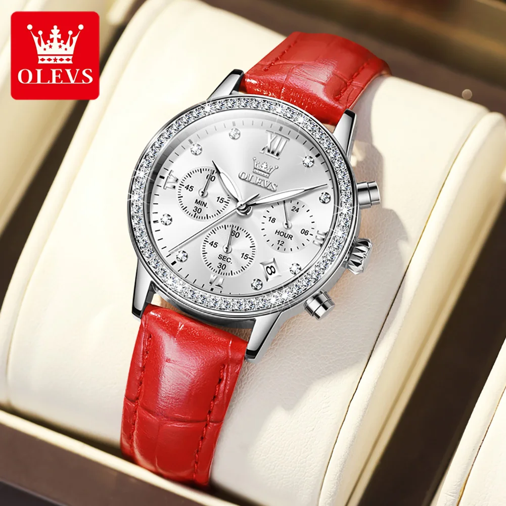OLEVS 9933 Quartz Watch for Women Date Waterproof Luminous Leather Strap Chronograph Original Womens Wristwatch