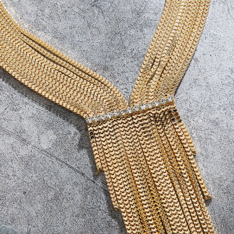 Fashion Elegant Gold Layered Chain Tassel Statement Necklace Y-shaped Fringe Collar Jewelry for Women Evening Party view 4