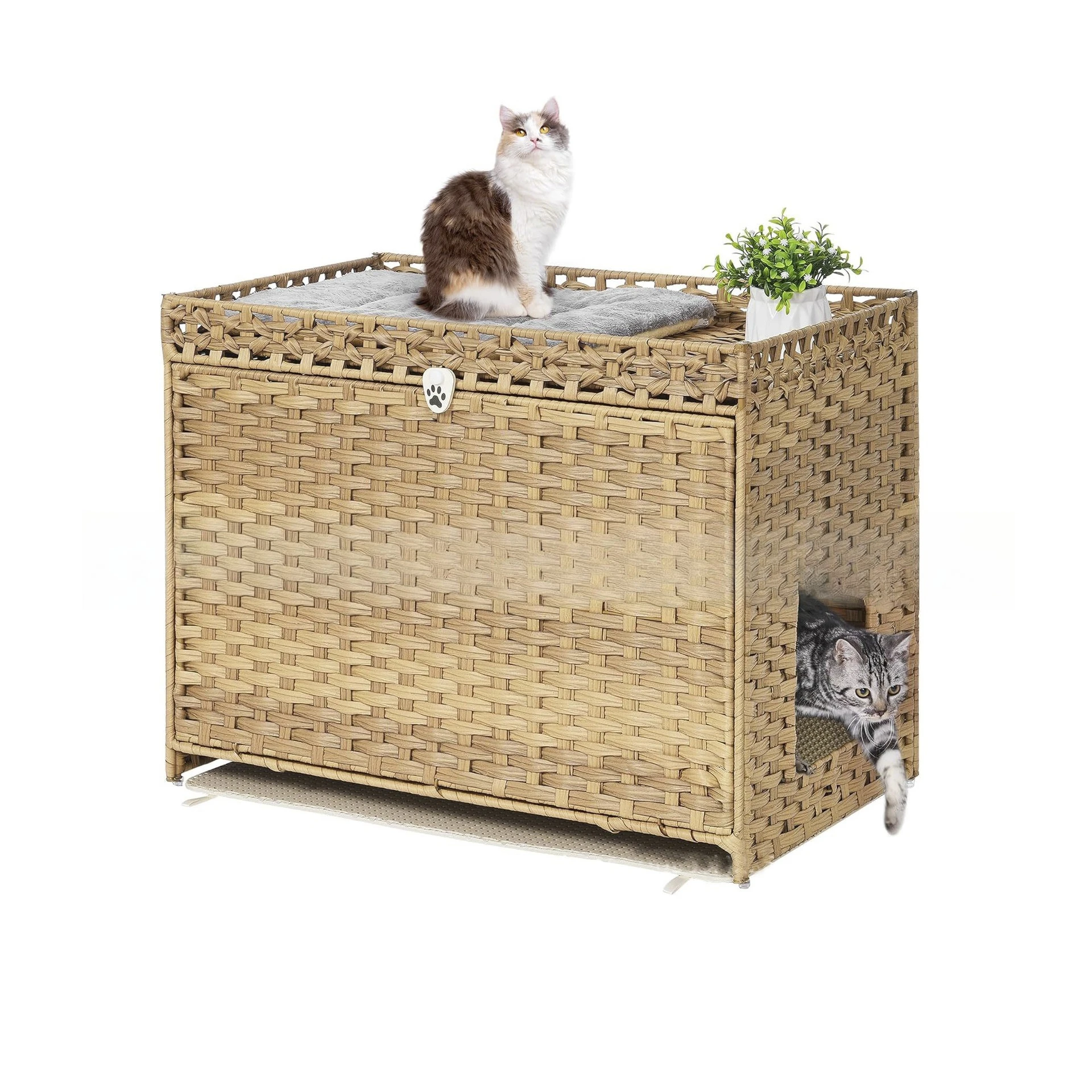 Cat house with door, rattan, cat litter box, cabinet, storage, cat nest, breathable and washable, no pilling, widened and raised