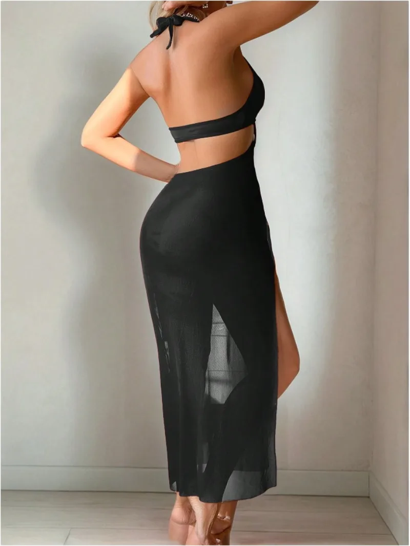 Sexy women's nightgown, swimsuit without back exposure, pure color sexy bikini suit, women's slit long dress.