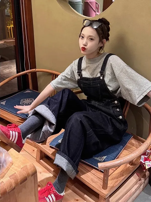 Summer New Women's Denim Overalls Loose Straight Casual Wide Leg Small Size High Waist Jeans Commute Sle Blue Color