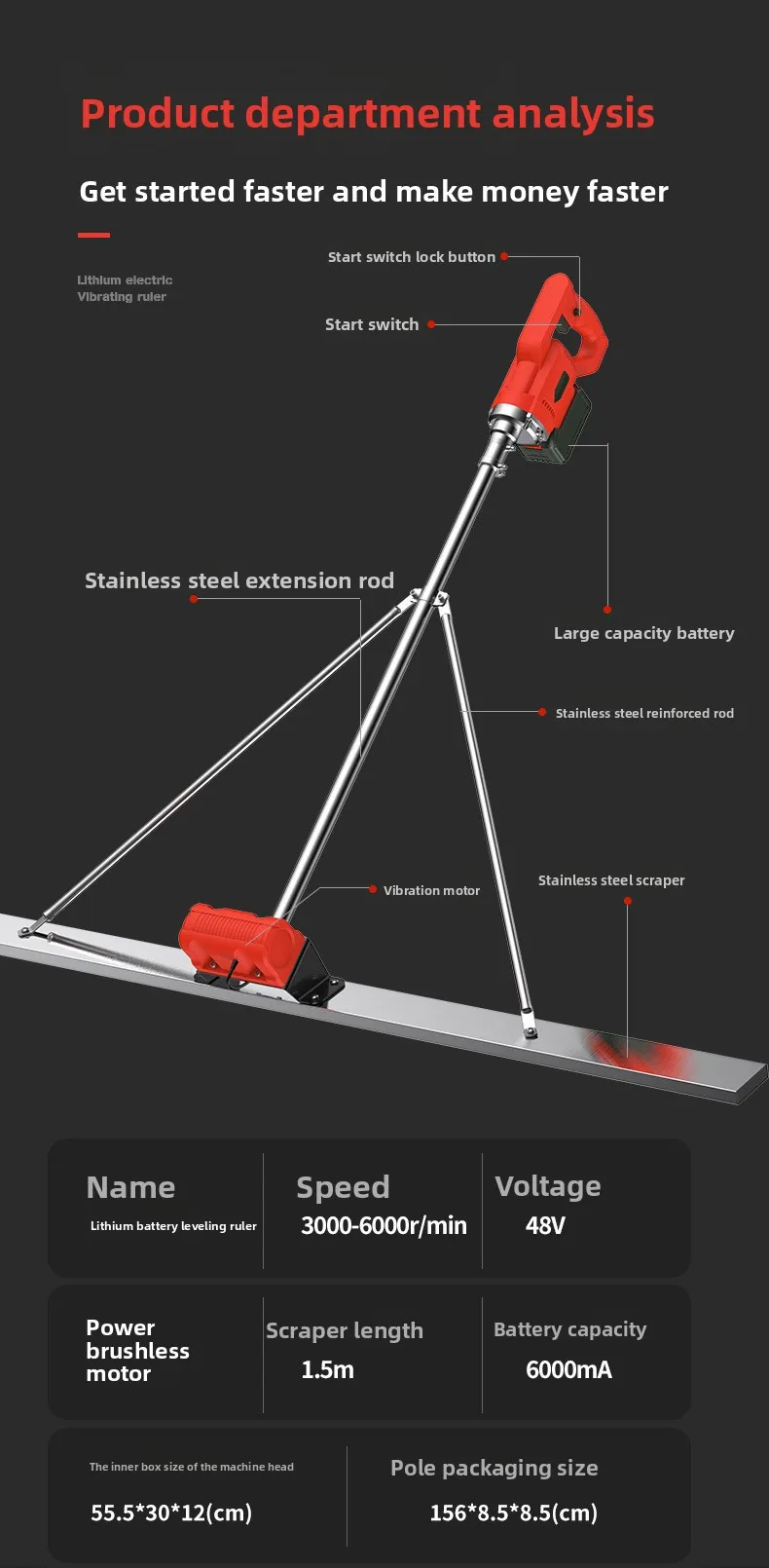 Macchina livellatrice per vibrazioni stradali in cemento cemento con batteria al litio Livellatrice per riscaldamento a pavimento interno livellatore a vibrazione