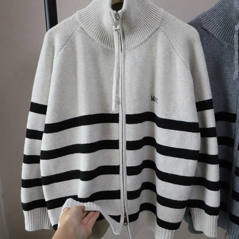 Cárdigan abierto de punto con doble cremallera a rayas coreanas para mujer, suéter versátil holgado y adelgazante para invierno, Jaet Lazy Sle