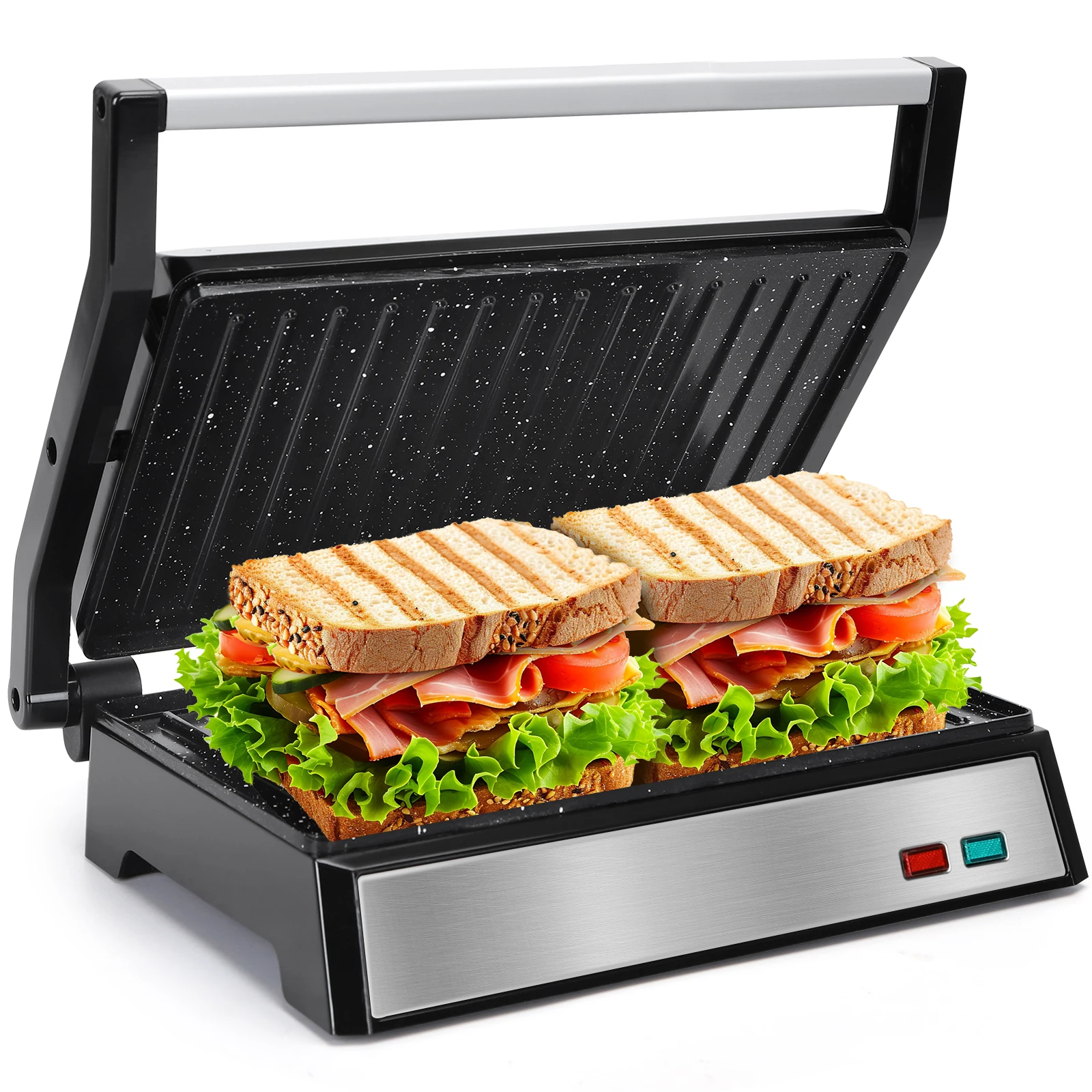 Electric Grill Panini Sandwich Machine 180 ° Opening Toaster with Non-stick Plates 27x17cm Cold Touch Handle Vertical Storage 1500W