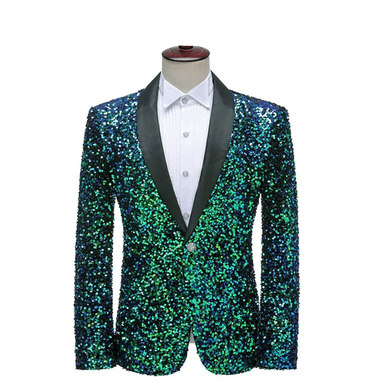 Chaqueta de traje de talla asiática para hombre, abrigo de vestir delgado para fiesta de boda, decoración de lentejuelas, Blazers lujosos, azul,