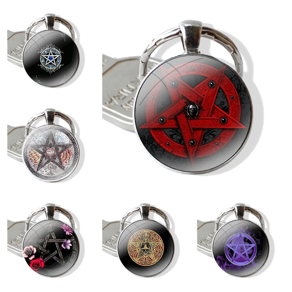 Esoteric Pentagram Wiccan Pendant Keychain Handmade Glass Cabochon Key Ring Holder Pendant Key Chains