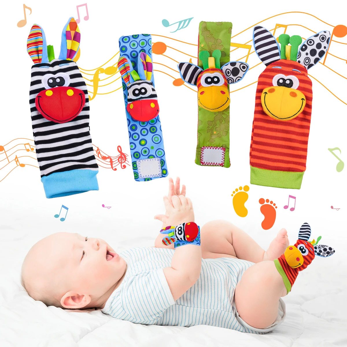 TYRY.HU 4Pcs Baby Toy 0-12 Months Baby Rattles Toys Animal Socks Wrist Strap + Rattle Baby Foot Socks Bug Wrist Strap Baby Socks