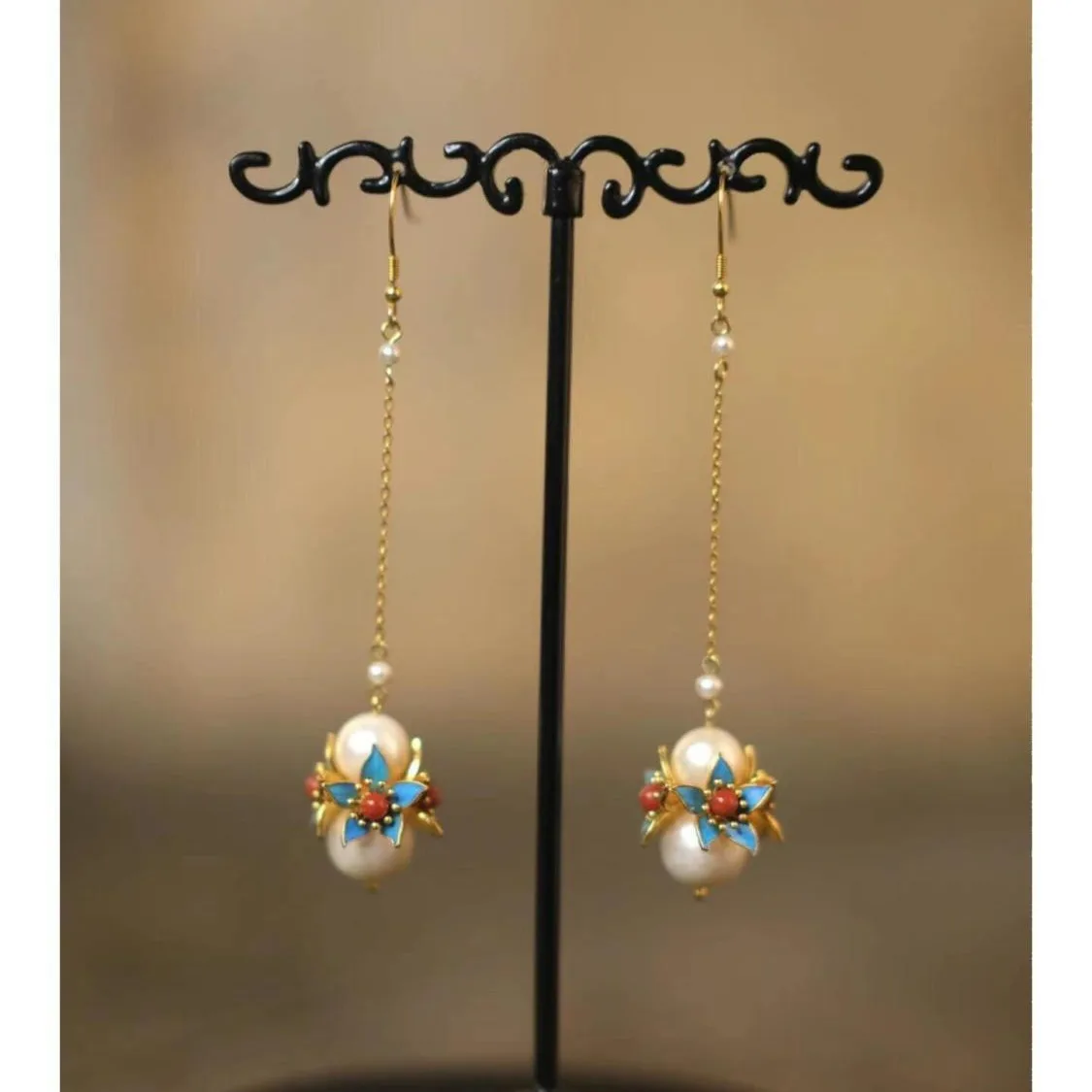 Chinese Style Retro Gilded Emerald Flower Pearl Long Women's Earrings Jewelry