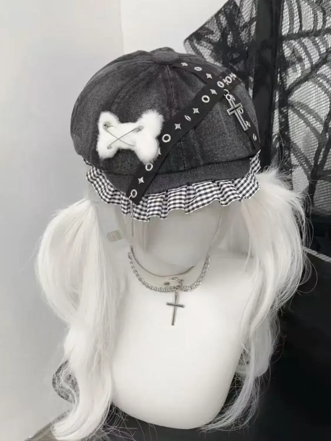 Sweet Ruffled Lace Punk Women Harajuku Gothic Lolita Beret Hat Cap Y2K Girls Plush Bone Decorative Sun Hats with Cross Pendant